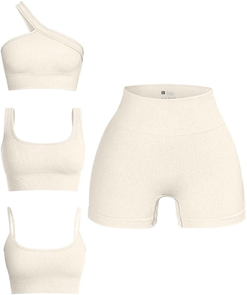 Women'S 4 Piece Outfits Ribbed Seamless Exercise Scoop Neck Sports Bra One Shoulder Tops High Waist Shorts Active Set Beige / Small