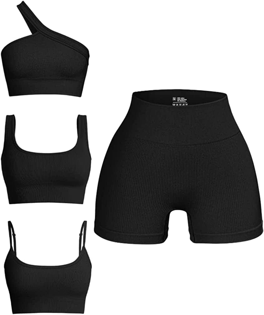 Women'S 4 Piece Outfits Ribbed Seamless Exercise Scoop Neck Sports Bra One Shoulder Tops High Waist Shorts Active Set Black / Small