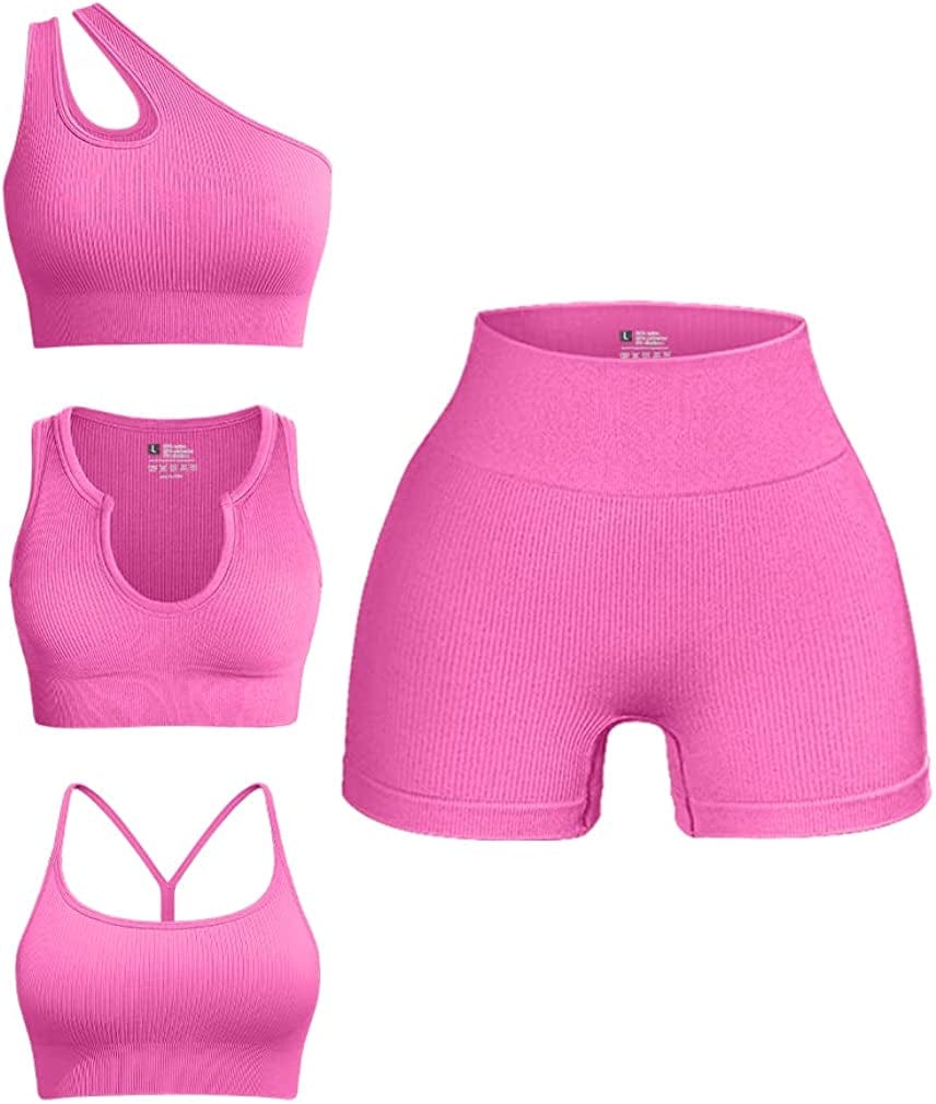 Women'S 4 Piece Outfits Ribbed Seamless Exercise Scoop Neck Sports Bra One Shoulder Tops High Waist Shorts Active Set Rose3 / Small