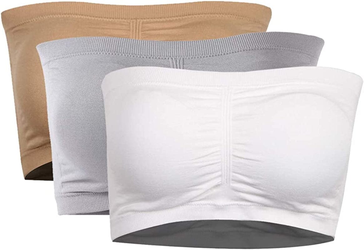 Women'S Bandeau Crop Tube Top Bra, Strapless Wireless Padded Bralette Seamless Bandeau Tank Top Beige+white+grey / X-Large