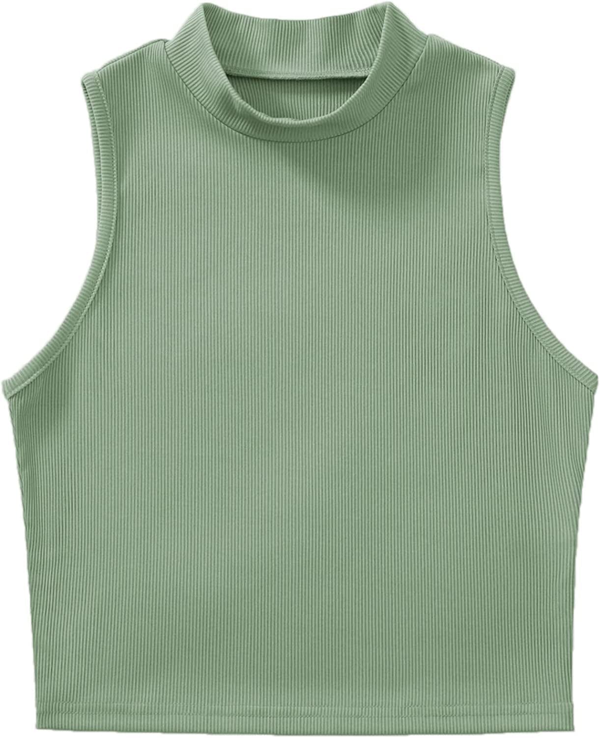 Women'S Basic Sleeveless Mock Neck Rib Knit Tank Crop Top Light Green / X-Small