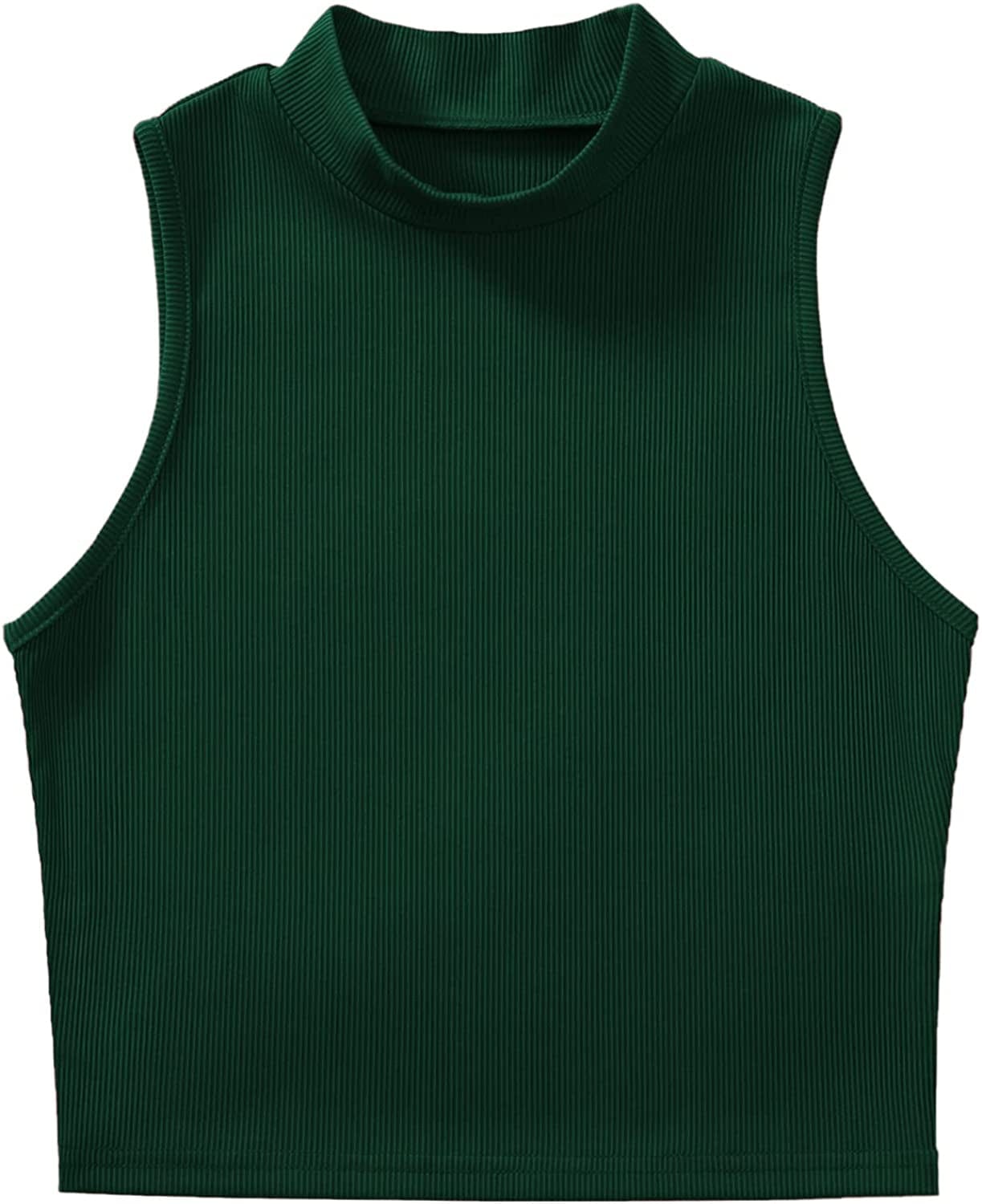 Women'S Basic Sleeveless Mock Neck Rib Knit Tank Crop Top Green / Large