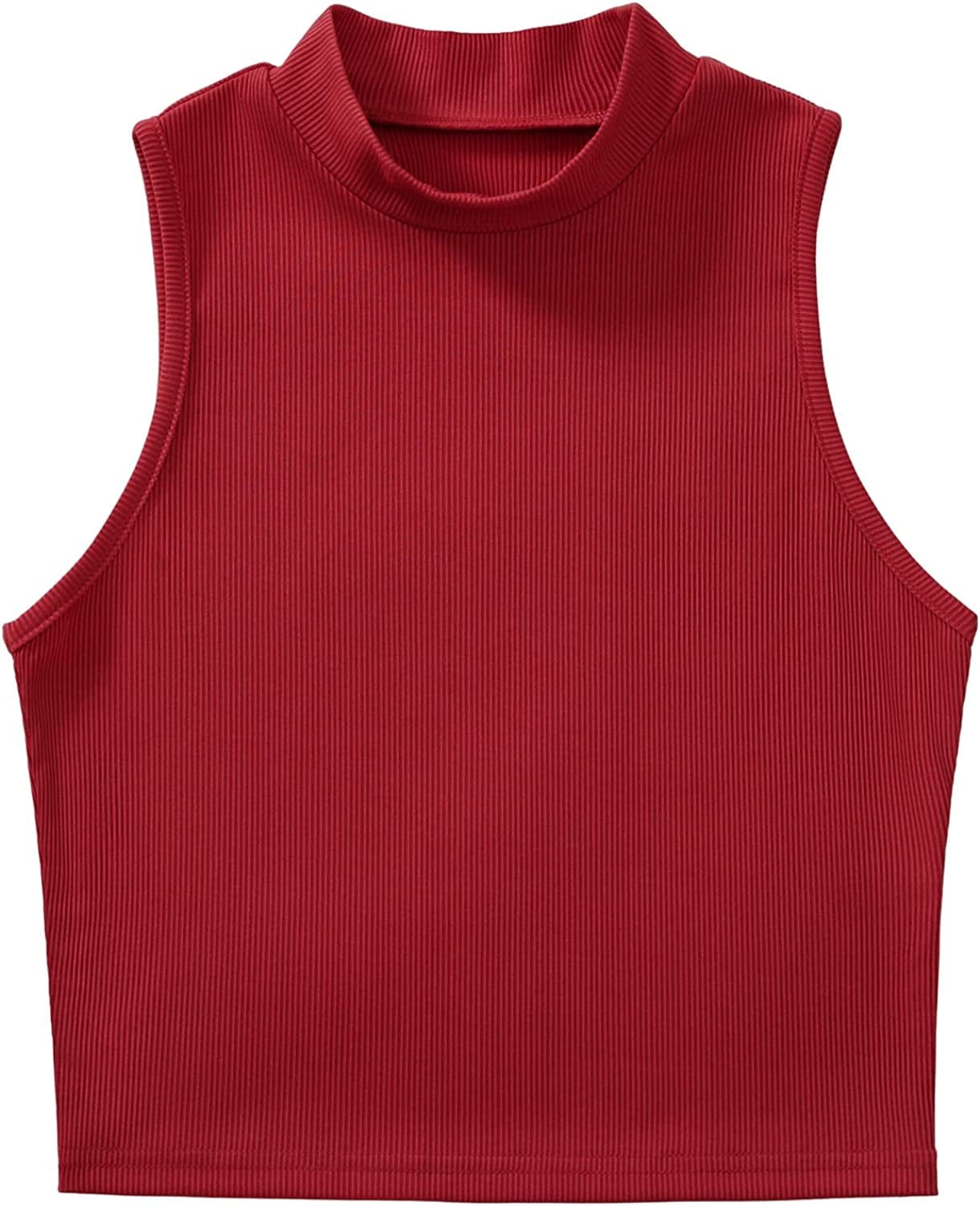 Women'S Basic Sleeveless Mock Neck Rib Knit Tank Crop Top Solid Red / X-Small