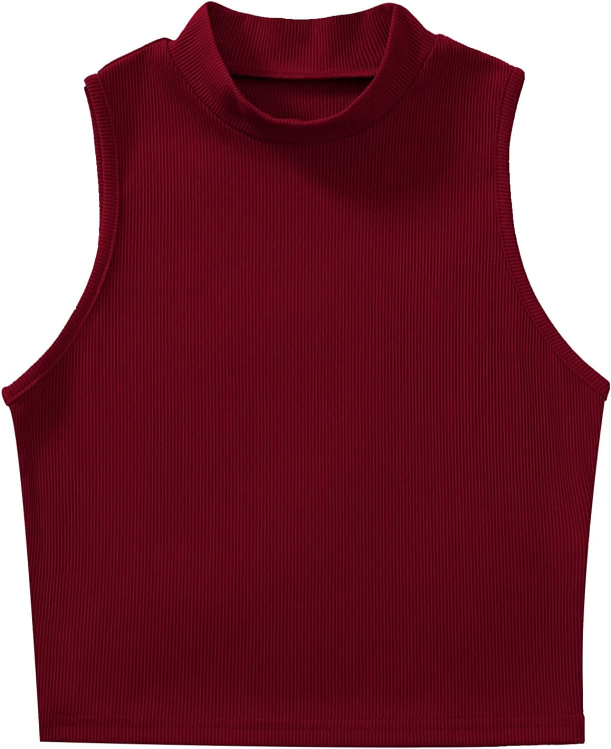 Women'S Basic Sleeveless Mock Neck Rib Knit Tank Crop Top Burgundy Red / Large