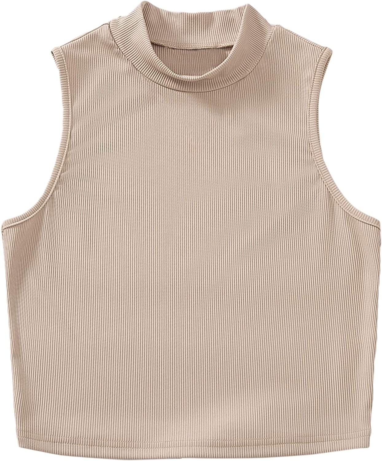 Women'S Basic Sleeveless Mock Neck Rib Knit Tank Crop Top Apricot / Large