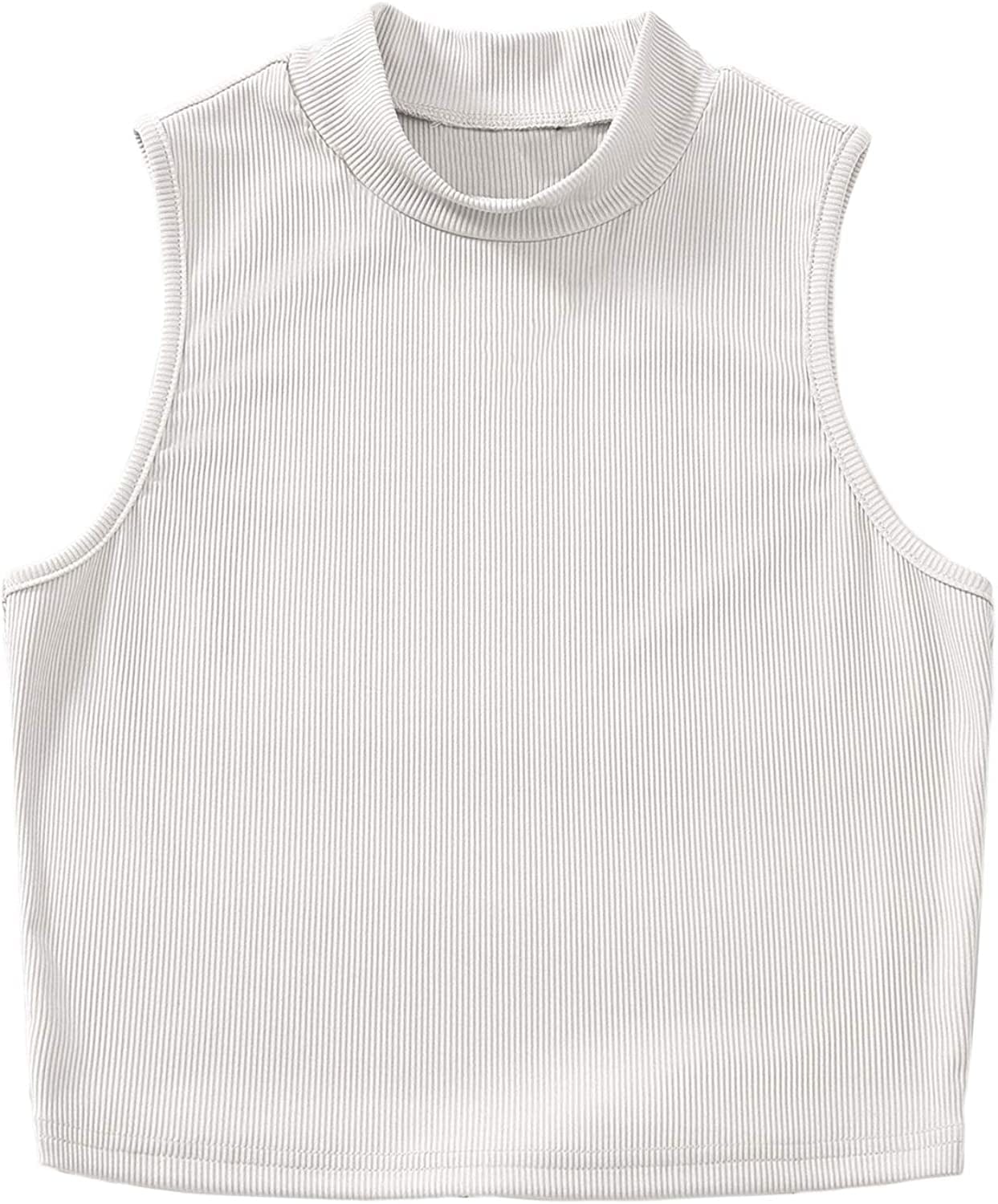 Women'S Basic Sleeveless Mock Neck Rib Knit Tank Crop Top Cream White / X-Large