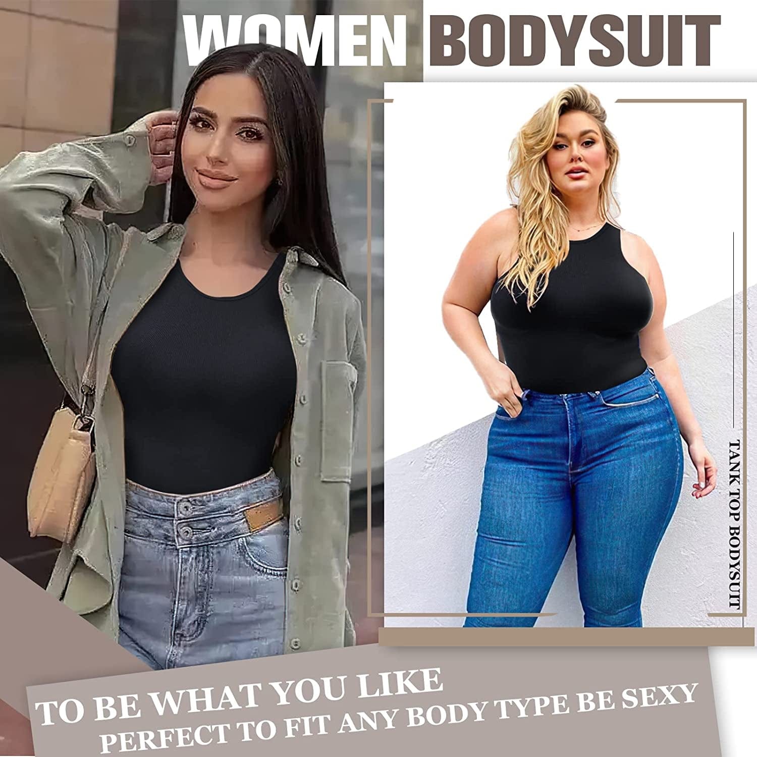 Women'S Bodysuit Fit Sexy Body Suits Women Clothing, Sleeveless Crew Neck Tank Tops with Snap Closure