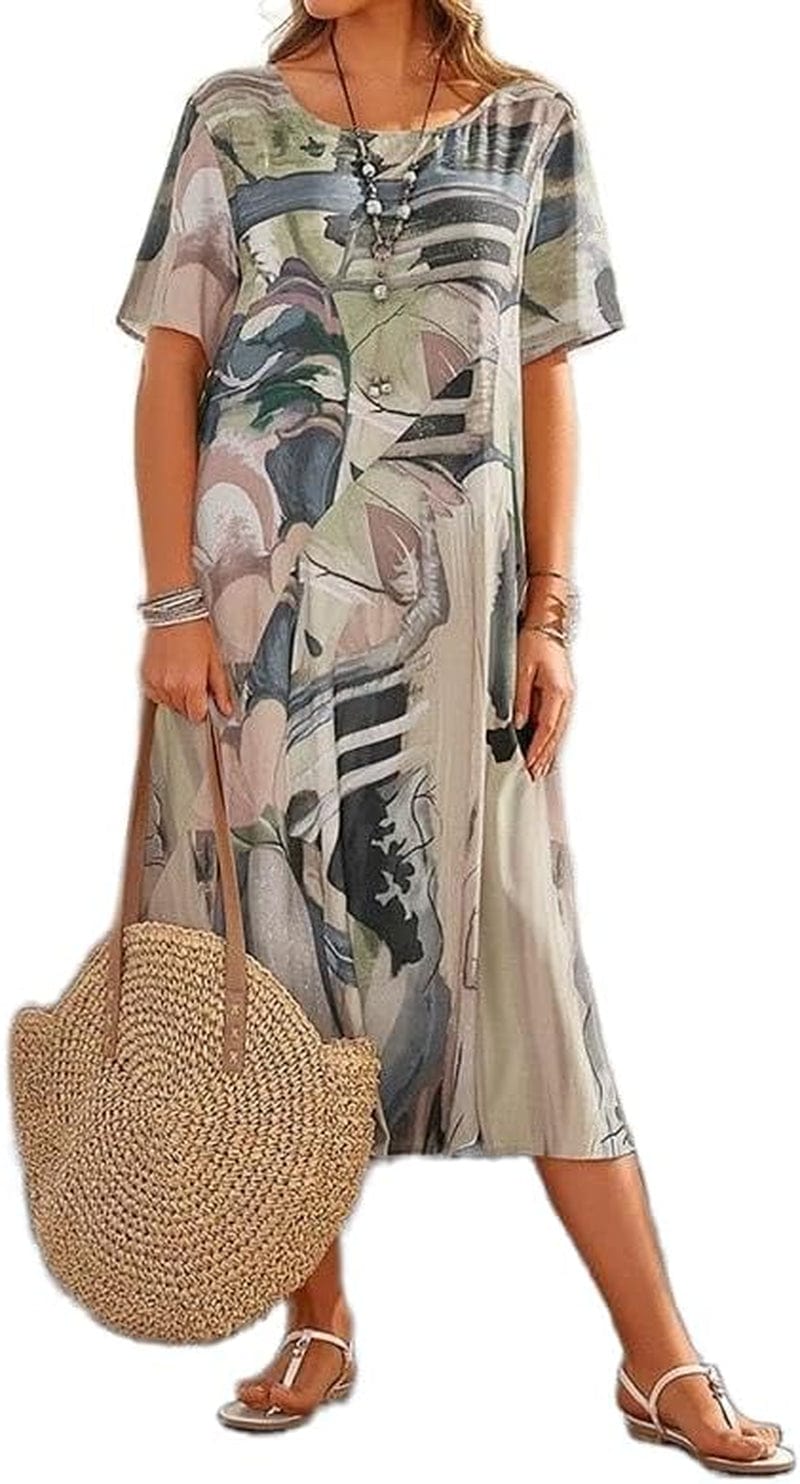 Women'S Boho Floral Loose Midi Tshirt Dress Casual Baggy Summer Short Sleeve Beach Vacation Dresses plus Size Grey / 3X-Large