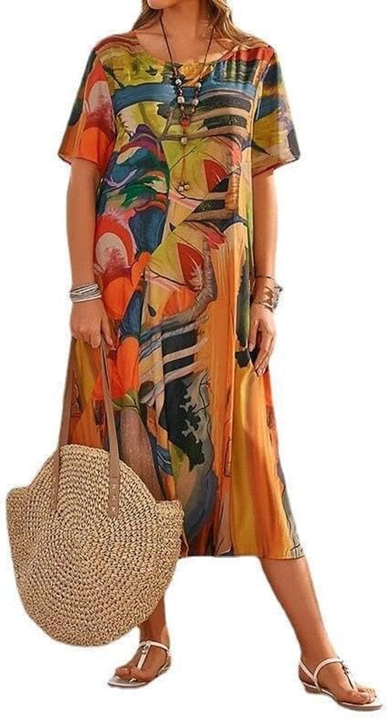 Women'S Boho Floral Loose Midi Tshirt Dress Casual Baggy Summer Short Sleeve Beach Vacation Dresses plus Size Orange / Large