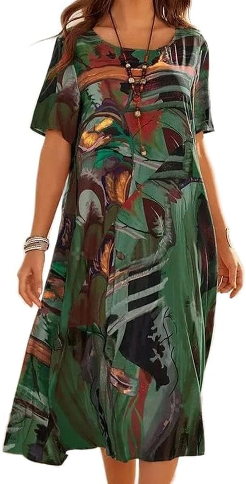Women'S Boho Floral Loose Midi Tshirt Dress Casual Baggy Summer Short Sleeve Beach Vacation Dresses plus Size