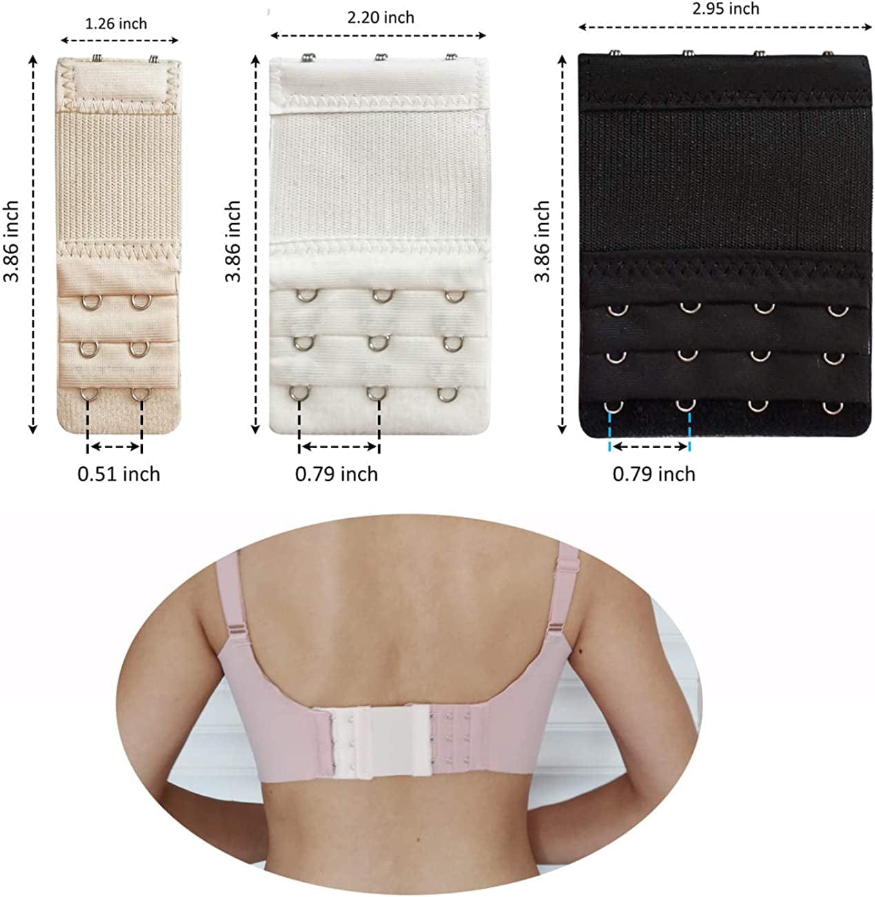 Women’S Bra Extenders 2 Hooks/3 Hooks/4 Hooks with 3 Rows Comfortable Bra Band Extension White/Nude/Black