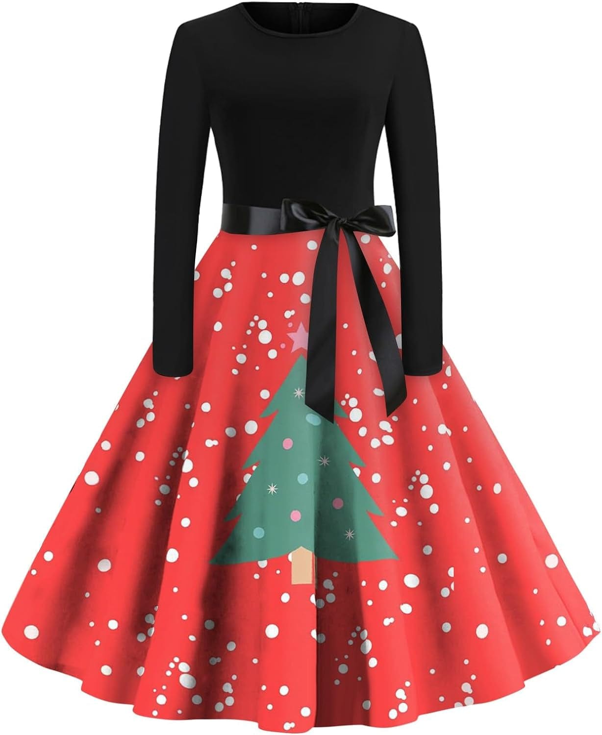 Women'S Christmas Dresses Vintage Casual Fashion round Neck Long Sleeve Printed Dresses, S-2XL Watermelon Red / Small