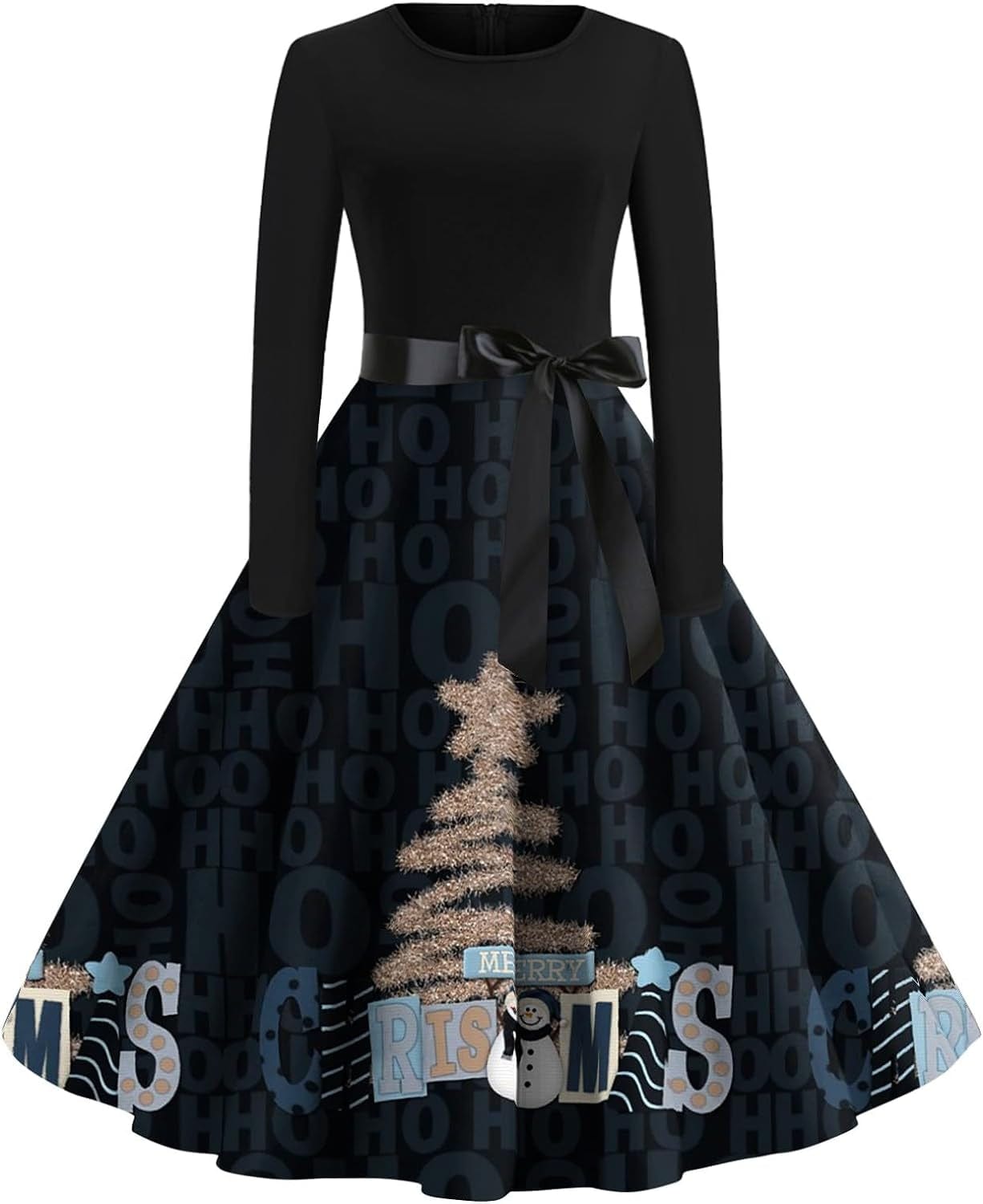 Women'S Christmas Dresses Vintage Casual Fashion round Neck Long Sleeve Printed Dresses, S-2XL Navy / X-Large