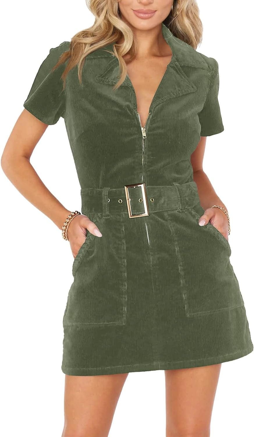 Women'S Corduroy Mini Dress Short Sleeve Lapel Zip up Belted Cowgirl Dresses with Pockets Army Green / Small