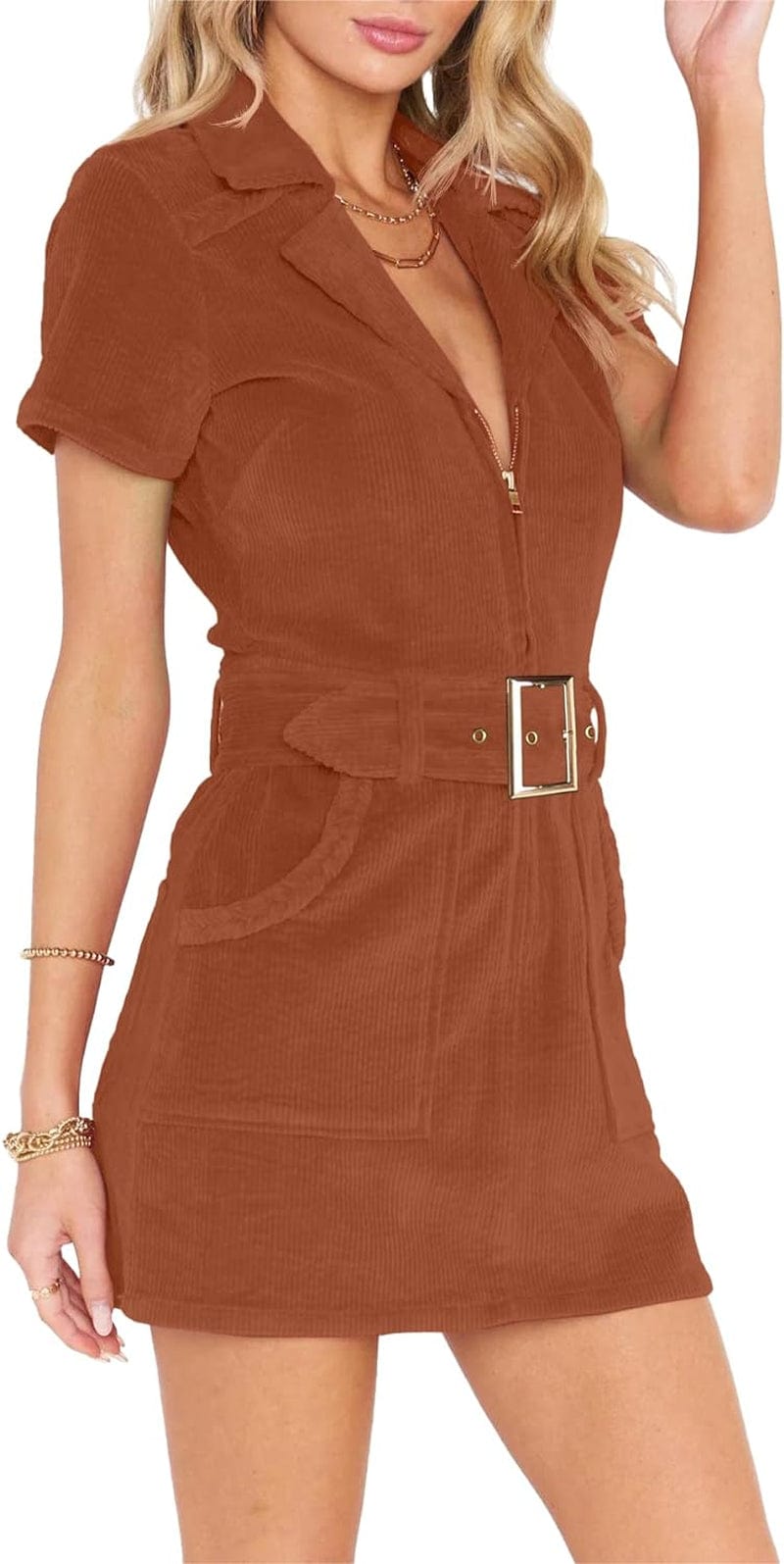 Women'S Corduroy Mini Dress Short Sleeve Lapel Zip up Belted Cowgirl Dresses with Pockets