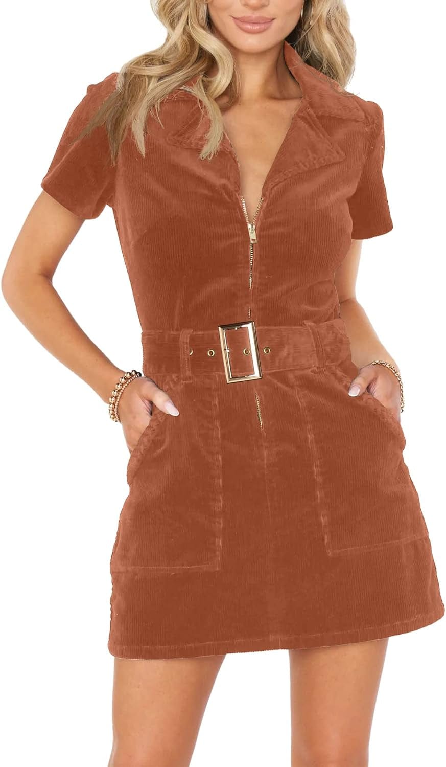 Women'S Corduroy Mini Dress Short Sleeve Lapel Zip up Belted Cowgirl Dresses with Pockets