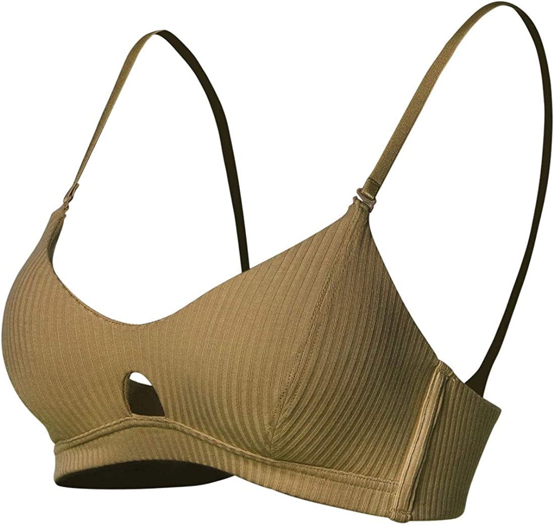 Women'S Cotton Wireless V Neck Bra Removable Padded Bralette Dark Gold / X-Large