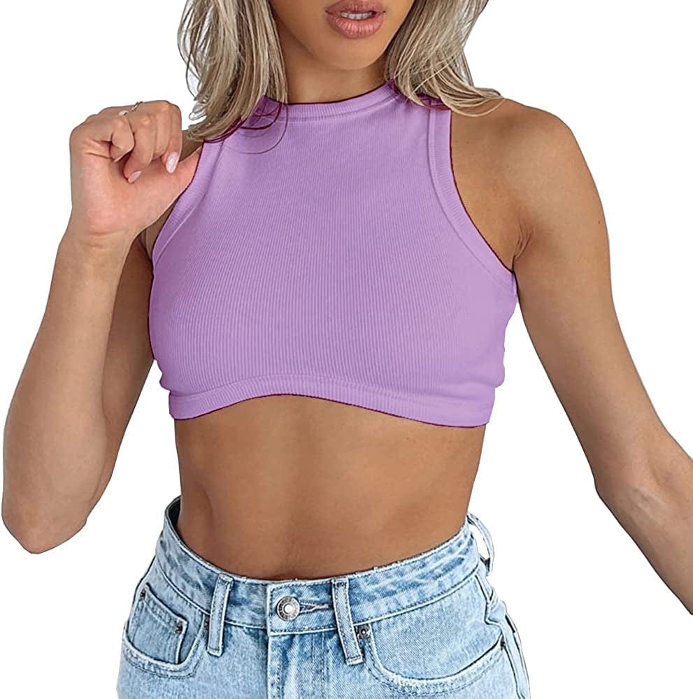 Women'S Crew Neck Racerback Knit Ribbed Basic Sleeveless Crop Tank Tops Purple / Medium