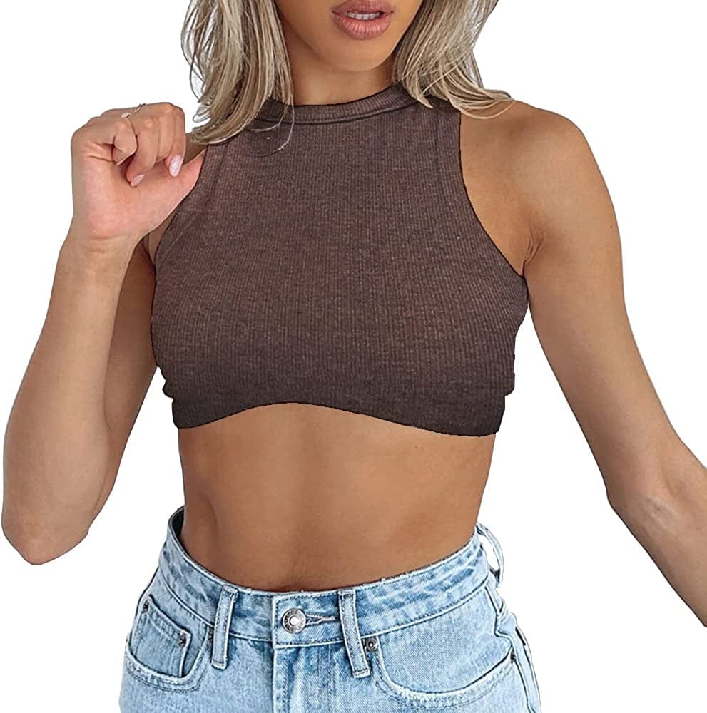 Women'S Crew Neck Racerback Knit Ribbed Basic Sleeveless Crop Tank Tops Brown / Medium
