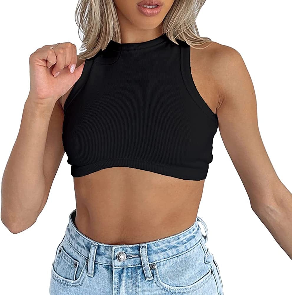 Women'S Crew Neck Racerback Knit Ribbed Basic Sleeveless Crop Tank Tops Black / Small