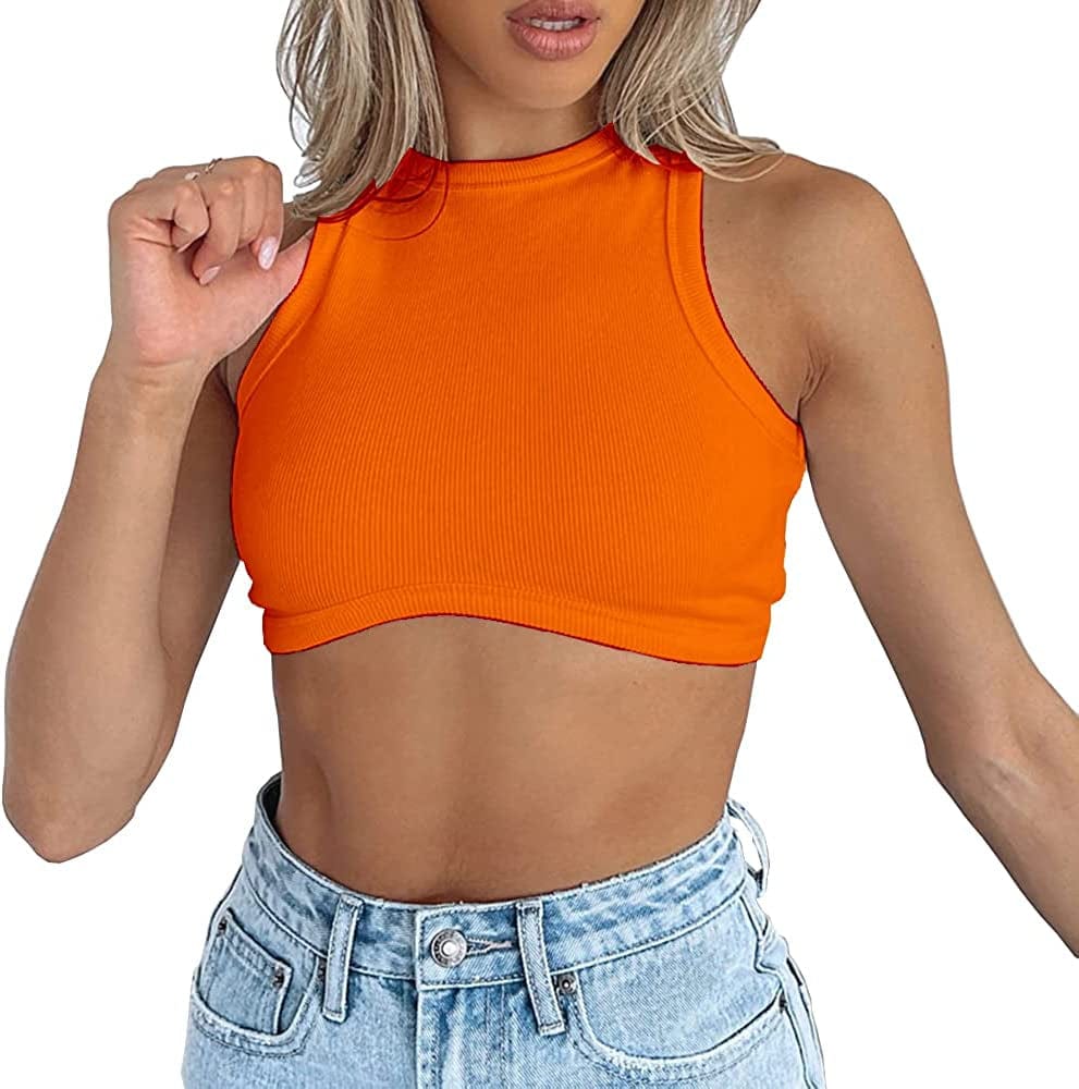 Women'S Crew Neck Racerback Knit Ribbed Basic Sleeveless Crop Tank Tops Orange / Small