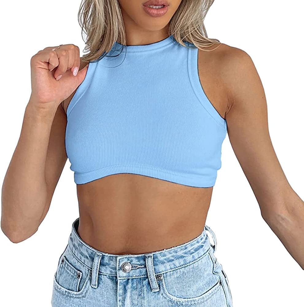Women'S Crew Neck Racerback Knit Ribbed Basic Sleeveless Crop Tank Tops Light Blue / Medium