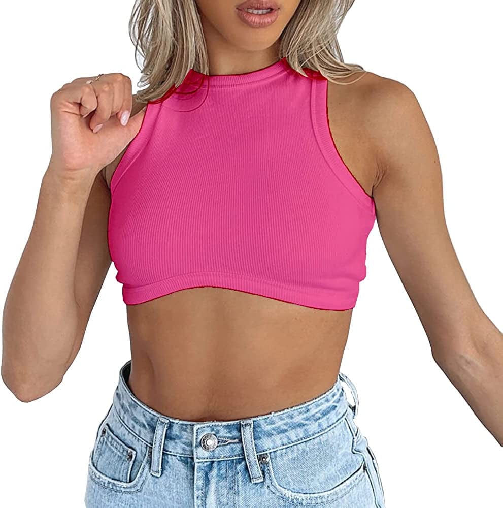 Women'S Crew Neck Racerback Knit Ribbed Basic Sleeveless Crop Tank Tops Fuchsia / Small