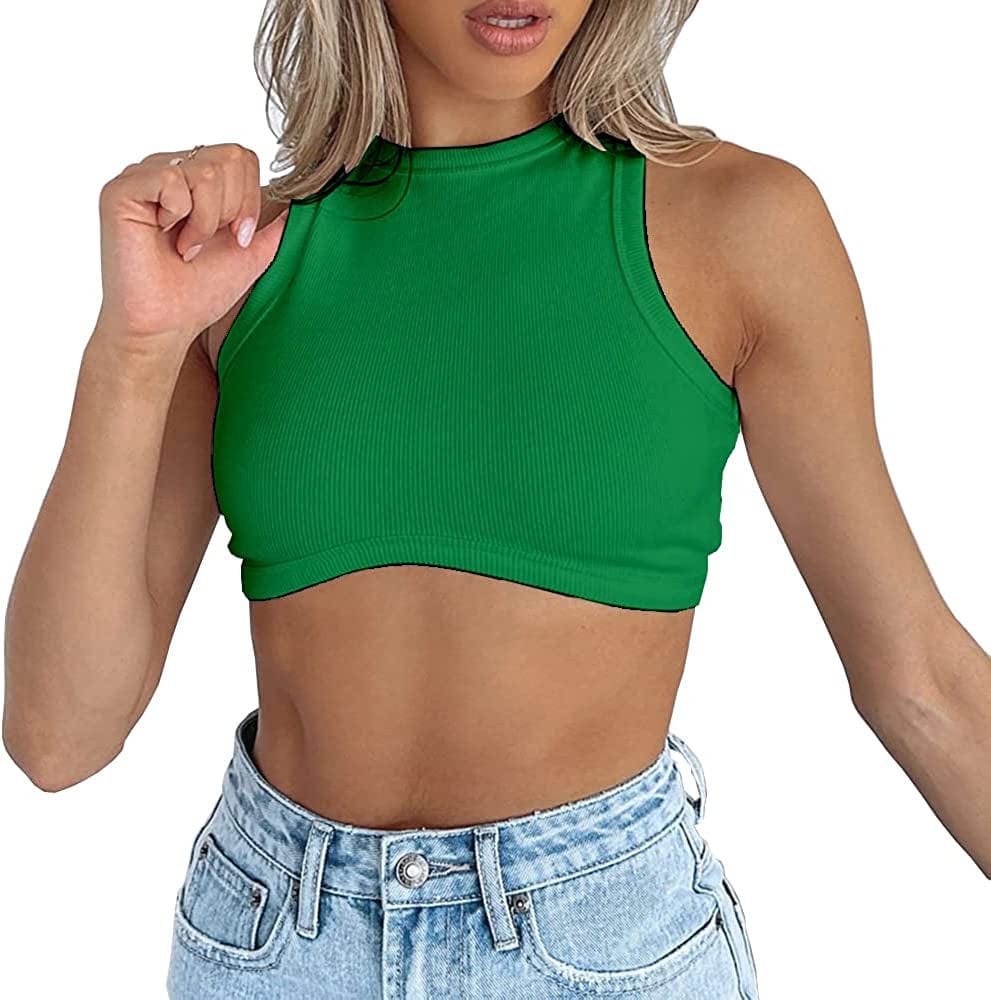 Women'S Crew Neck Racerback Knit Ribbed Basic Sleeveless Crop Tank Tops Green / Medium