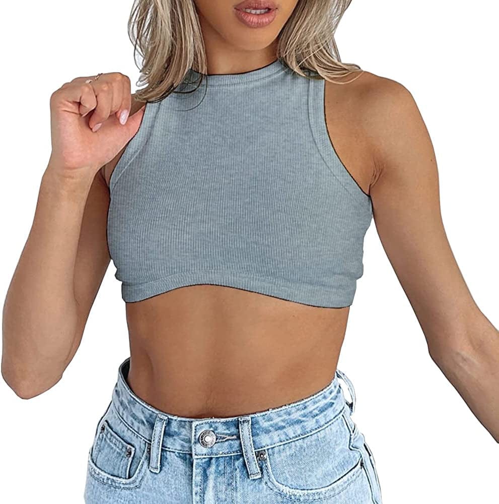 Women'S Crew Neck Racerback Knit Ribbed Basic Sleeveless Crop Tank Tops Grey / Large