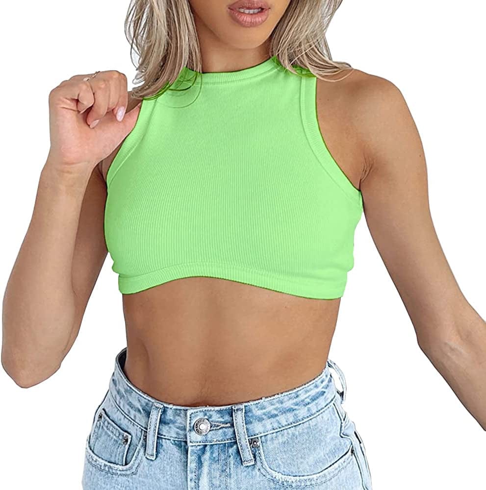 Women'S Crew Neck Racerback Knit Ribbed Basic Sleeveless Crop Tank Tops Lake Green / Large