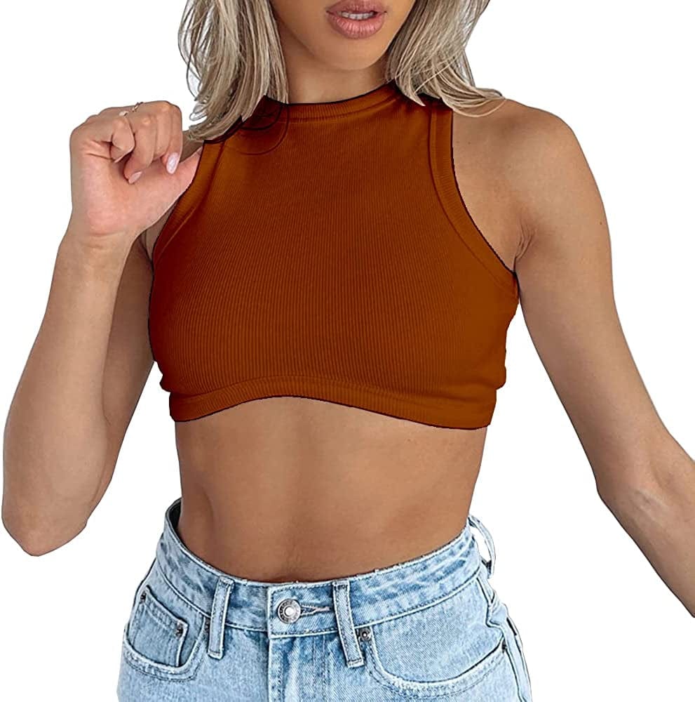 Women'S Crew Neck Racerback Knit Ribbed Basic Sleeveless Crop Tank Tops Caramel / Medium