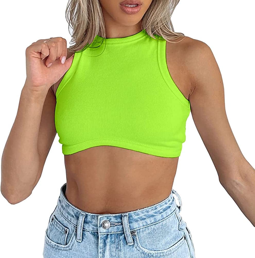 Women'S Crew Neck Racerback Knit Ribbed Basic Sleeveless Crop Tank Tops Neon Green / Small