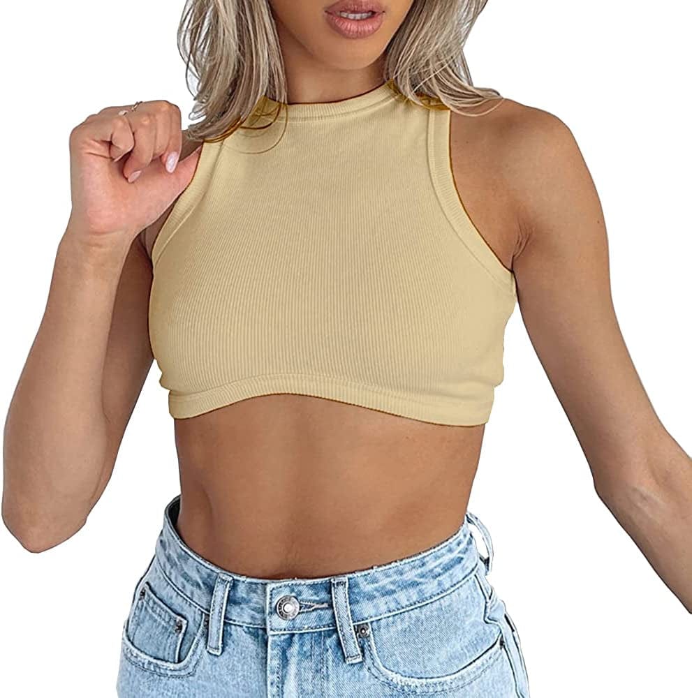 Women'S Crew Neck Racerback Knit Ribbed Basic Sleeveless Crop Tank Tops Khaki / Small