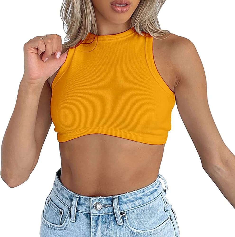 Women'S Crew Neck Racerback Knit Ribbed Basic Sleeveless Crop Tank Tops Yellow / Small