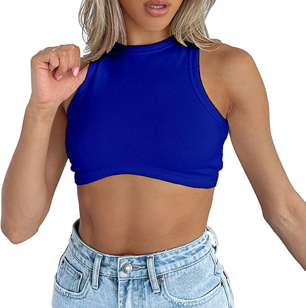 Women'S Crew Neck Racerback Knit Ribbed Basic Sleeveless Crop Tank Tops Blue / Small