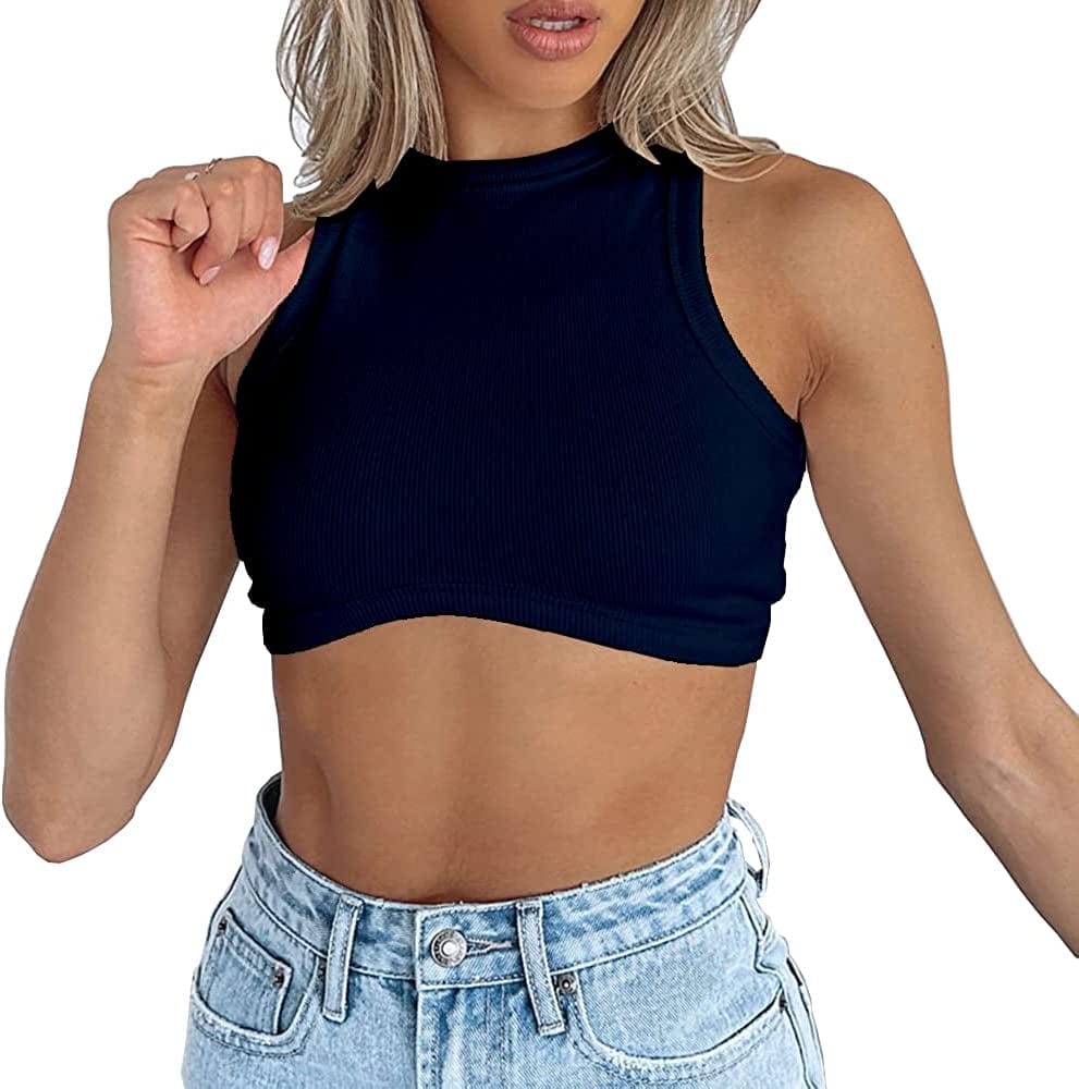 Women'S Crew Neck Racerback Knit Ribbed Basic Sleeveless Crop Tank Tops Navy Blue / Small