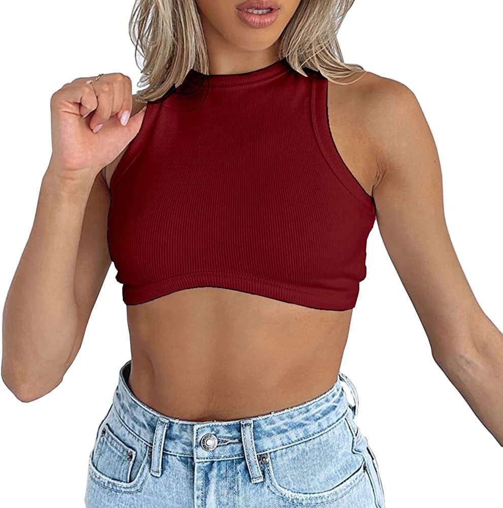 Women'S Crew Neck Racerback Knit Ribbed Basic Sleeveless Crop Tank Tops Burgundy / Medium
