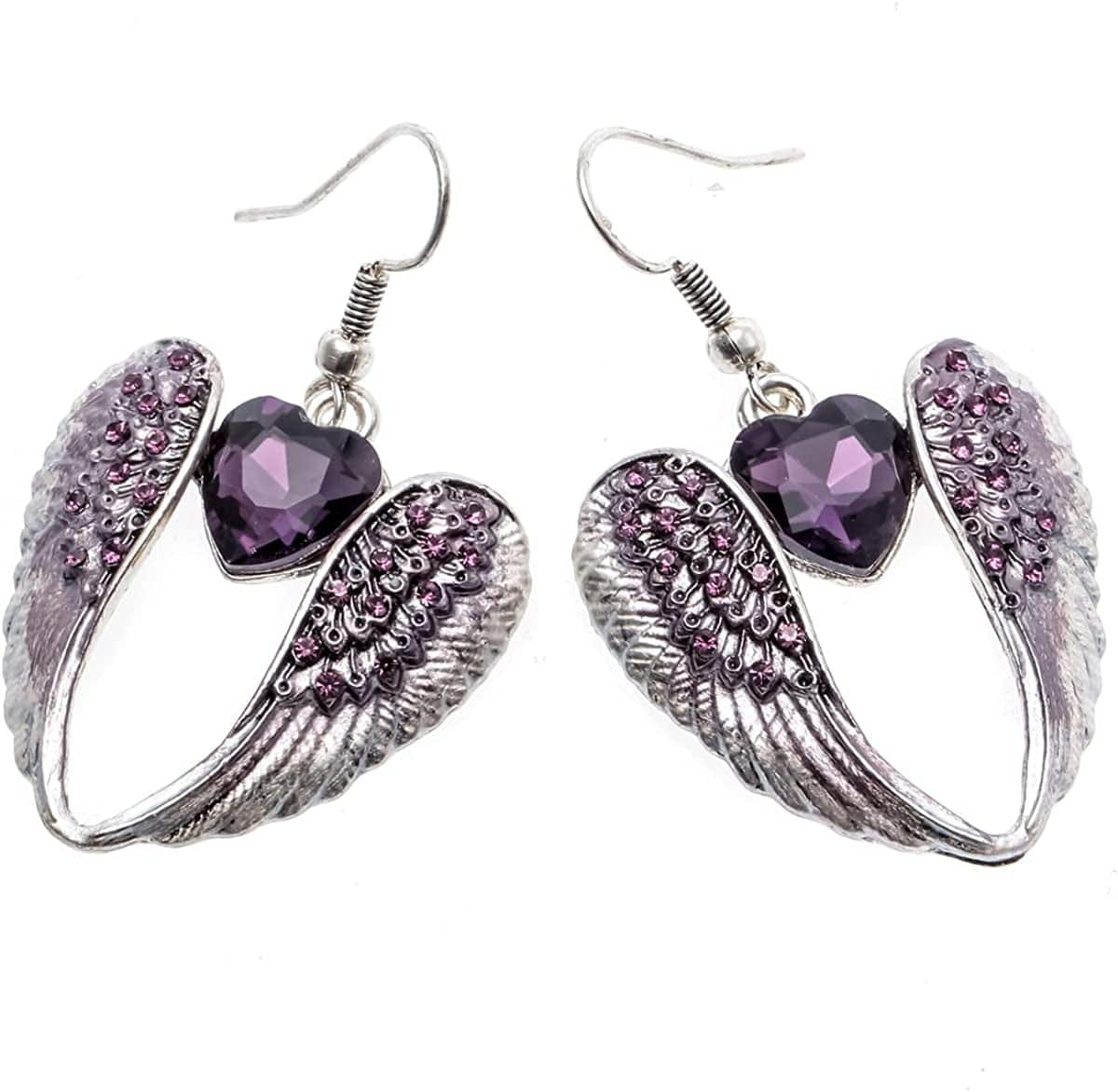 Women'S Crystal Guardian Angel Wings Hypoallergenic Dangle Earrings Biker Jewelry - 2 1/4 Inch Purple Heart