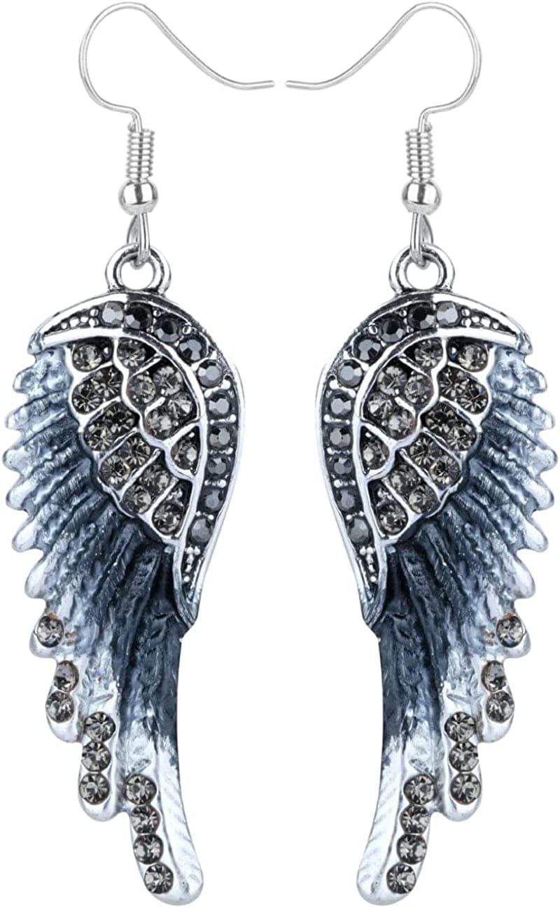 Women'S Crystal Guardian Angel Wings Hypoallergenic Dangle Earrings Biker Jewelry - 2 1/4 Inch Grey
