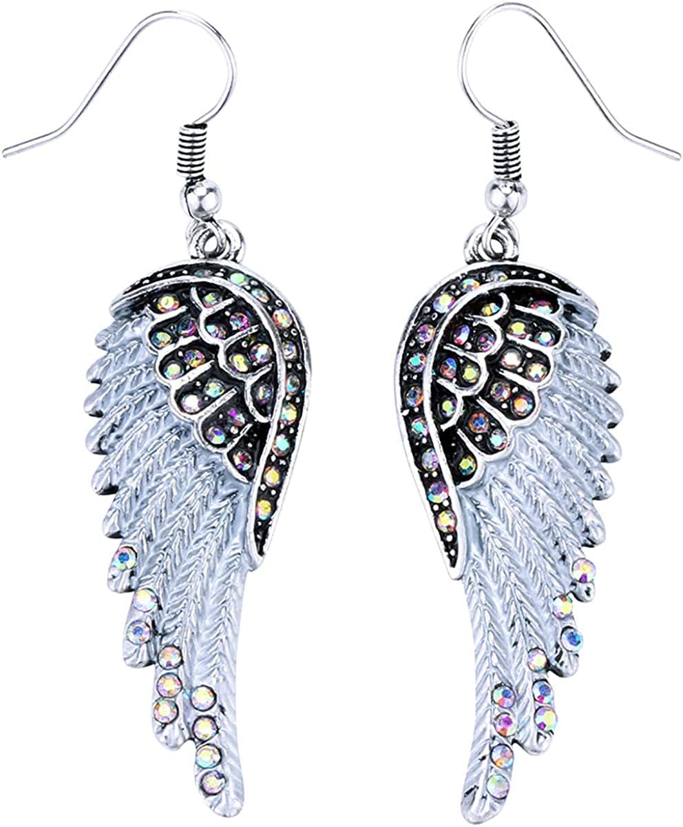 Women'S Crystal Guardian Angel Wings Hypoallergenic Dangle Earrings Biker Jewelry - 2 1/4 Inch Color-changing Silver