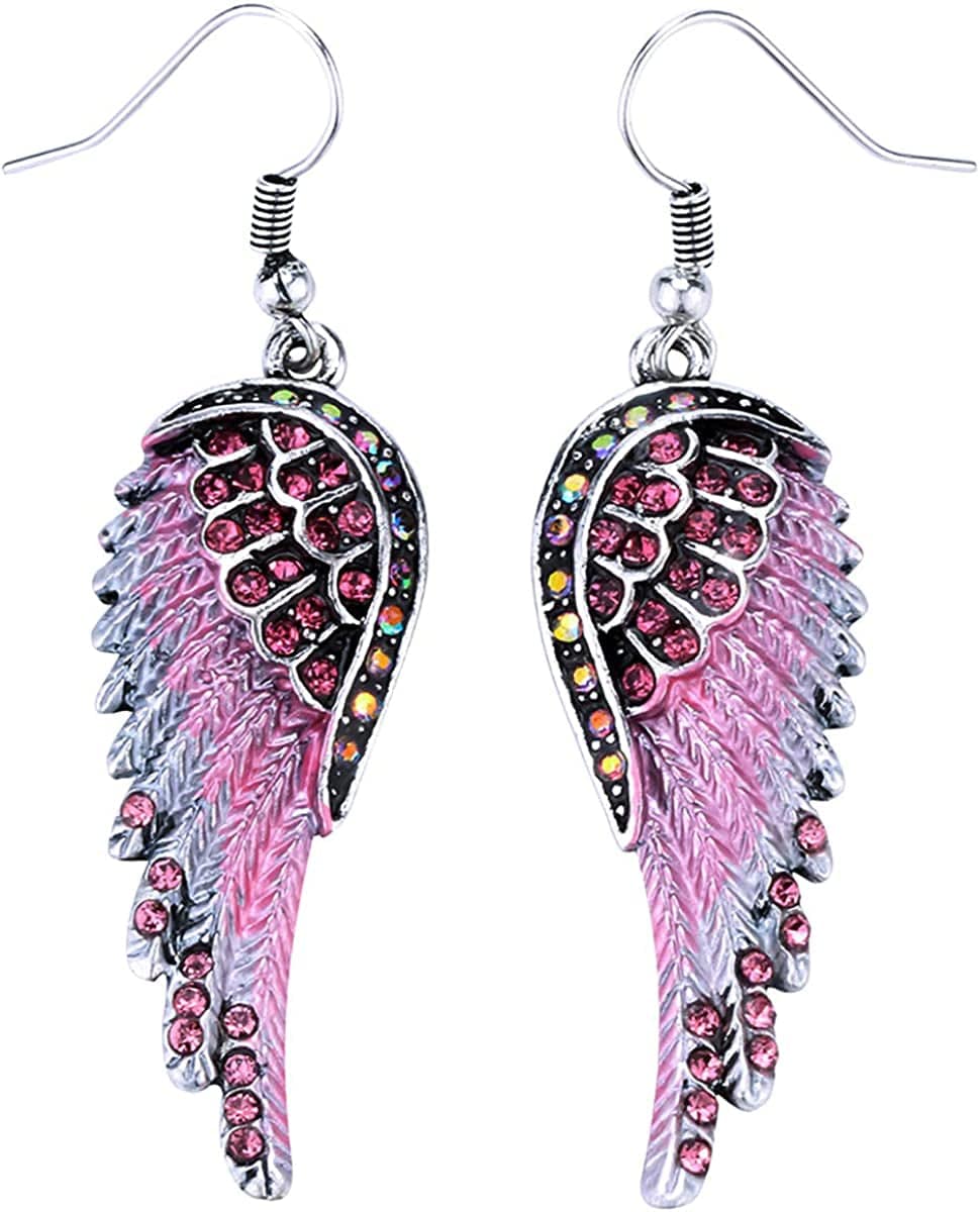 Women'S Crystal Guardian Angel Wings Hypoallergenic Dangle Earrings Biker Jewelry - 2 1/4 Inch Pink