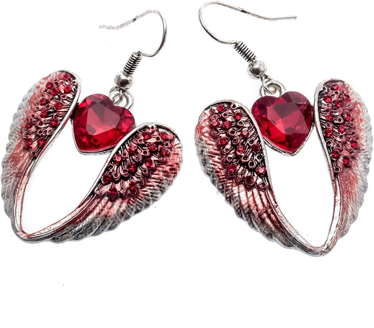 Women'S Crystal Guardian Angel Wings Hypoallergenic Dangle Earrings Biker Jewelry - 2 1/4 Inch Red Heart