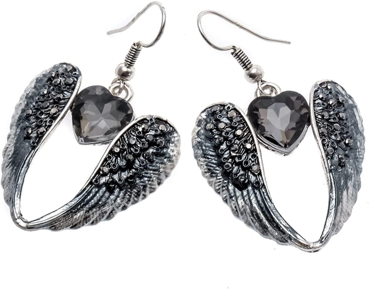 Women'S Crystal Guardian Angel Wings Hypoallergenic Dangle Earrings Biker Jewelry - 2 1/4 Inch Black Heart