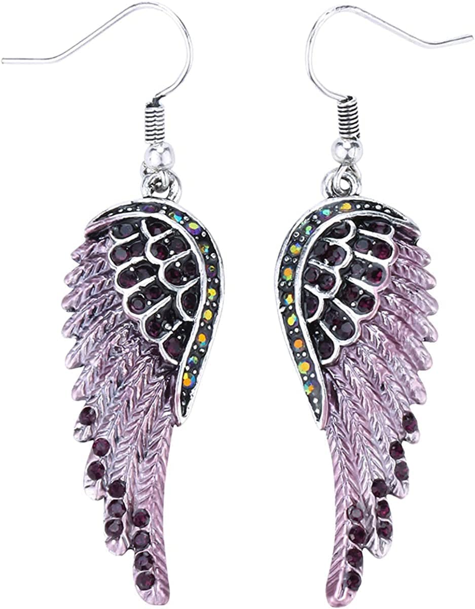 Women'S Crystal Guardian Angel Wings Hypoallergenic Dangle Earrings Biker Jewelry - 2 1/4 Inch Purple