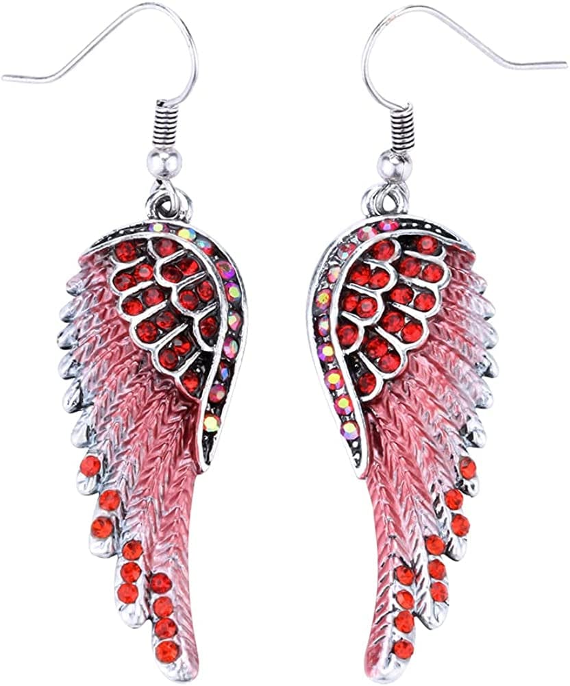 Women'S Crystal Guardian Angel Wings Hypoallergenic Dangle Earrings Biker Jewelry - 2 1/4 Inch Red