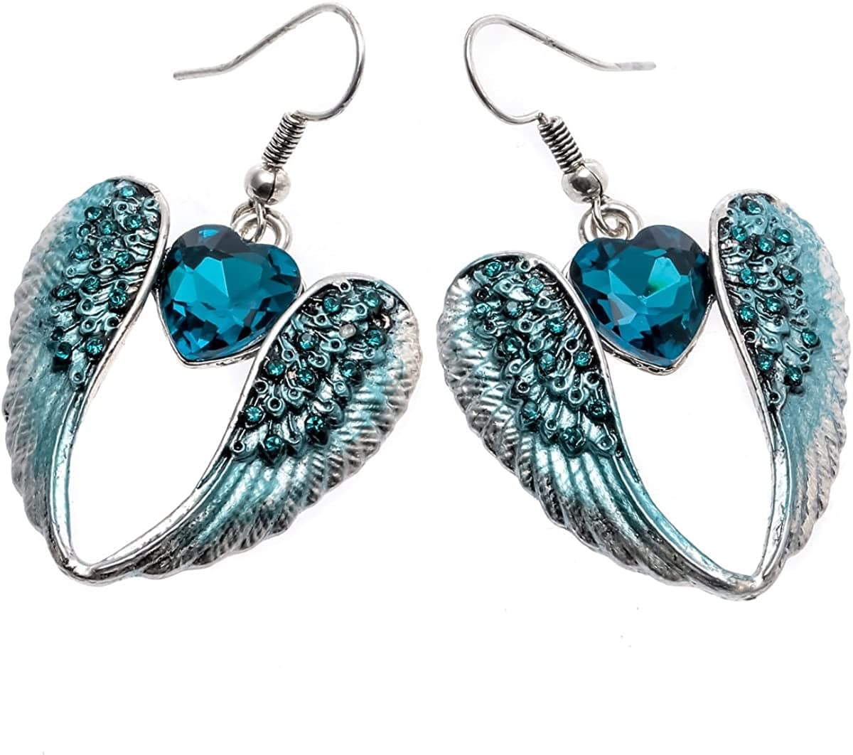 Women'S Crystal Guardian Angel Wings Hypoallergenic Dangle Earrings Biker Jewelry - 2 1/4 Inch Blue Heart