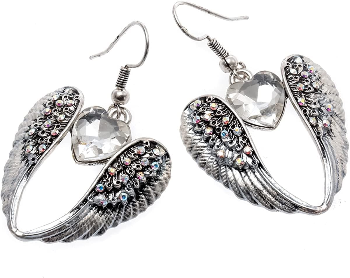 Women'S Crystal Guardian Angel Wings Hypoallergenic Dangle Earrings Biker Jewelry - 2 1/4 Inch Silver Heart
