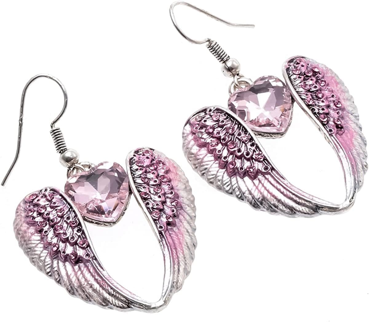 Women'S Crystal Guardian Angel Wings Hypoallergenic Dangle Earrings Biker Jewelry - 2 1/4 Inch Pink Heart
