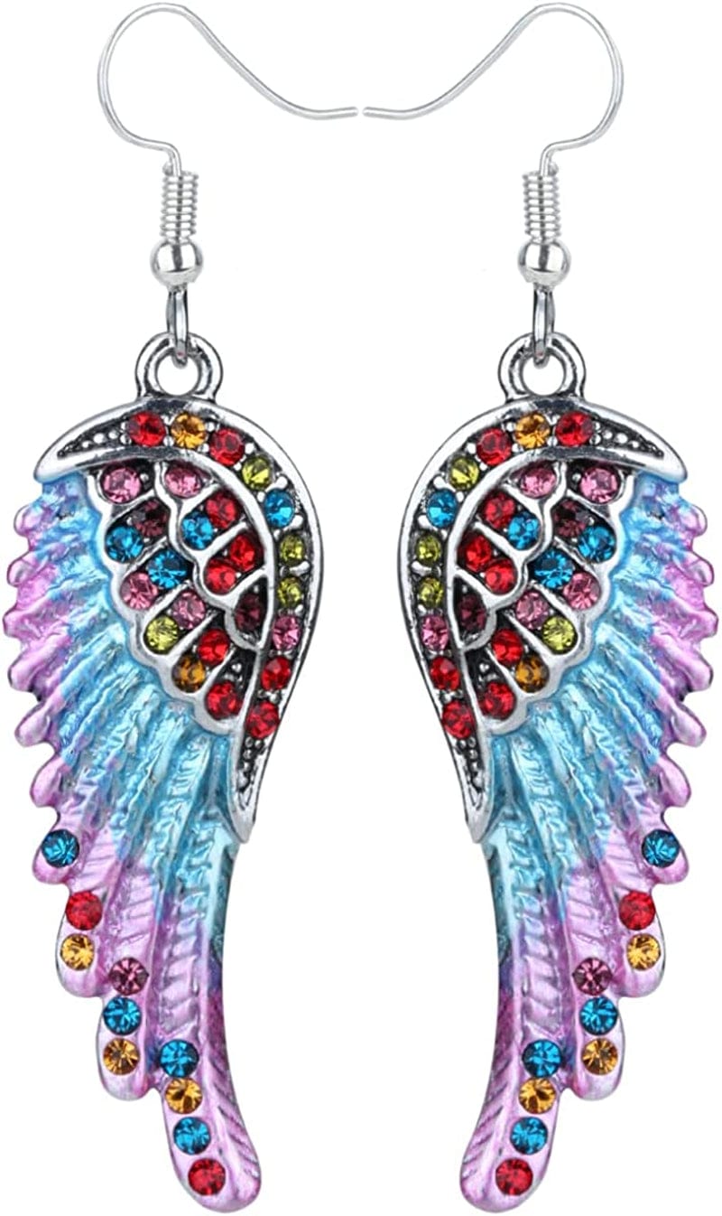 Women'S Crystal Guardian Angel Wings Hypoallergenic Dangle Earrings Biker Jewelry - 2 1/4 Inch Multi-color