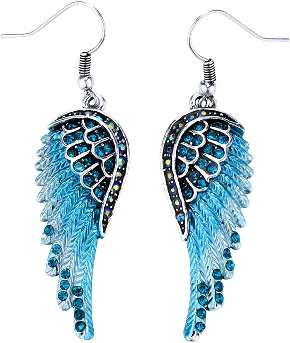 Women'S Crystal Guardian Angel Wings Hypoallergenic Dangle Earrings Biker Jewelry - 2 1/4 Inch Blue